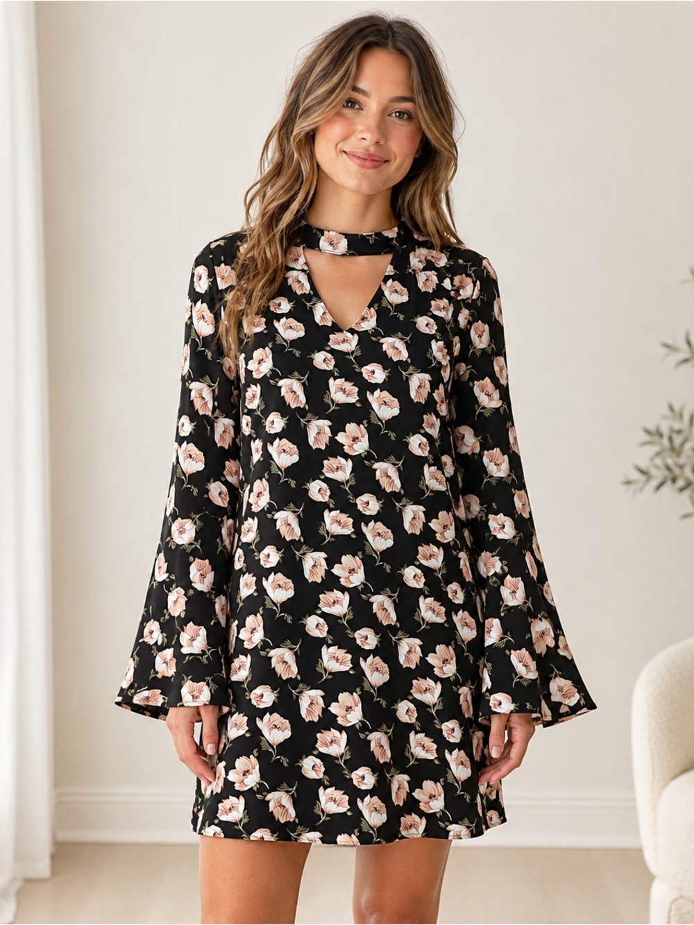 Sugar + Lips Black Floral Bell Sleeve Choker Neck Mini Dress Size L